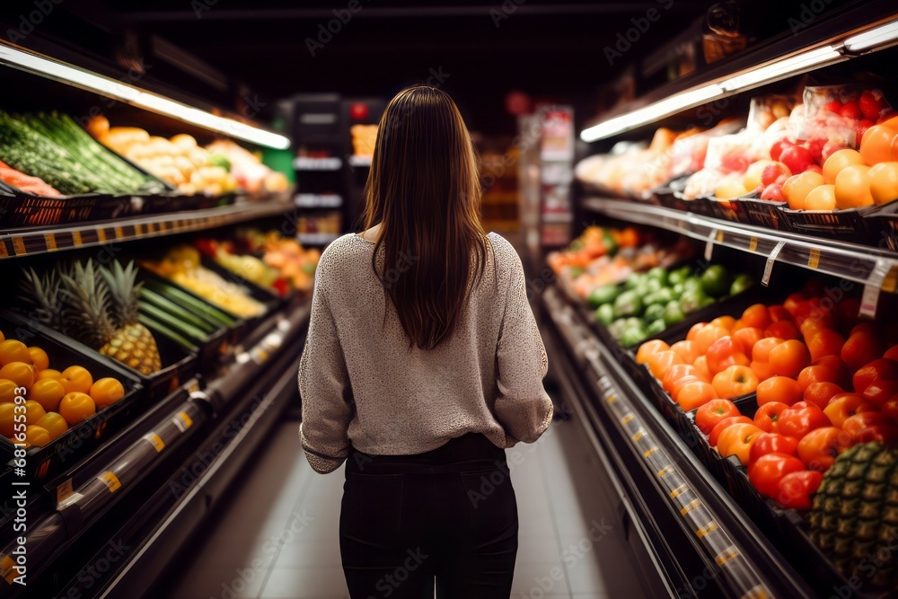 Woman grocery market lights. Female customer support female variation. Generate Ai