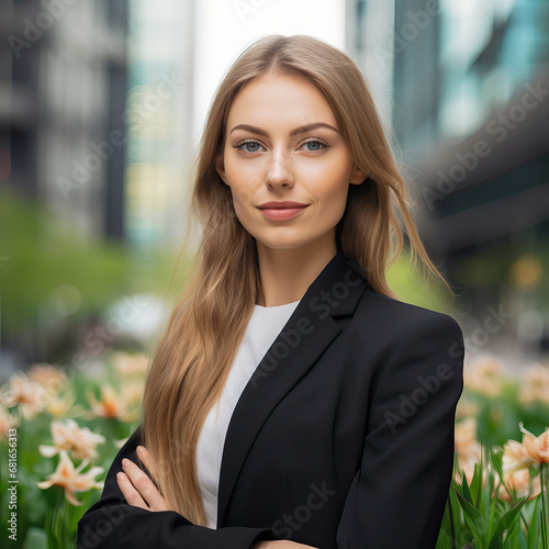 Close-up portrait of a confident young Ukrainian Eastern European businesswoman entrepreneur in a corporate city setting photo