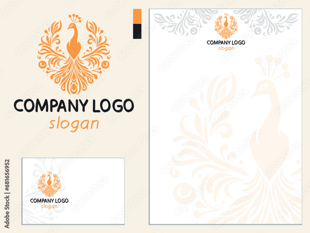 Vector logo with a peacock symbol, presented on a business card and A4 letterhead template, ready-made drawing