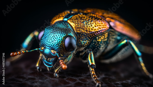 Hairy weevil metallic blue antenna and yellow leg in focus generated by AI