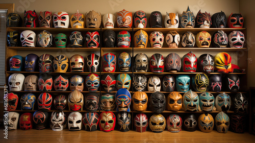 Collection of Mexican luchador masks. Professional wrestling.