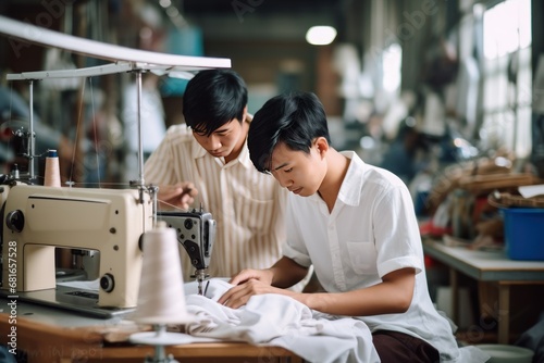 Focused young man tailor with Asian appearance sews things from natural fabric using sewing machine at clothes making factory. Handwork and sewing with help of mechanism in old age. Responsible work.