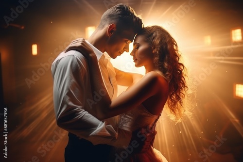 Beautiful romantic couple dancers woman and man dancing. New Year party. Nightclub. Love concept. photo