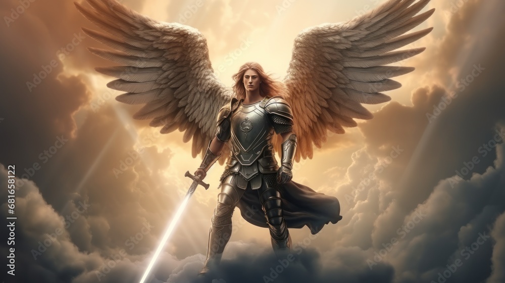 Fototapeta premium Archangel Michael with wings in knight armor with sword rises in sky. Saint Michael Archangel with long hair protects calm and good from evil impure forces by standing in battle readiness in sky