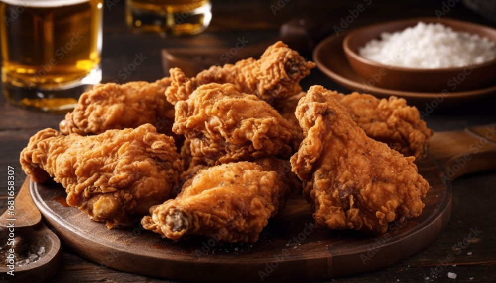 Fried chicken leg on rustic plate, unhealthy pub snack option generated by AI Fried chicken leg on rustic plate, unhealthy pub snack option generated by AI