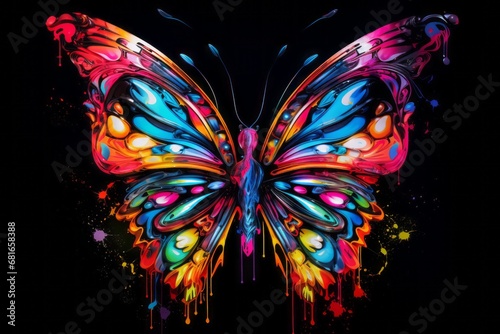 A Vibrant Butterfly Dancing Against an Inky Black Canvas