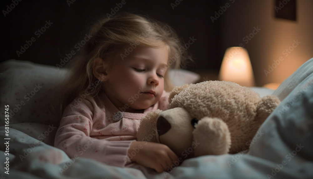 Cute Caucasian girl playing with teddy bear in comfortable bedroom generated by AI Cute Caucasian girl playing with teddy bear in comfortable bedroom generated by AI
