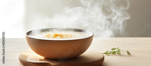 Tom was about to enjoy a bowl of steaming hot soup, topped with a sprinkle of lemon zest, as he sat at a table covered in a white tablecloth, isolated in a white background. A leaf fell onto the old photo