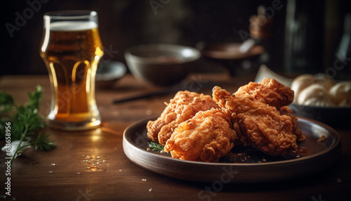 Buffalo chicken wings, deep fried, crunchy, spicy, rustic pub food generated by AI
