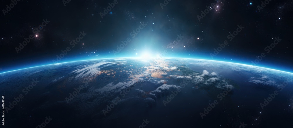 Horizontal panorama of Space scene with planets, stars and galaxies background. AI generated