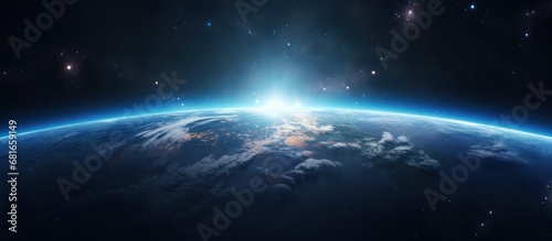 Horizontal panorama of Space scene with planets, stars and galaxies background. AI generated