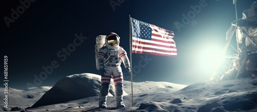 Astronaut holding america flag moon space background. AI generated photo