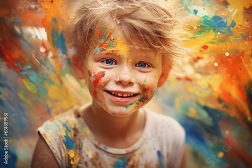 Little cute boy playing with paints