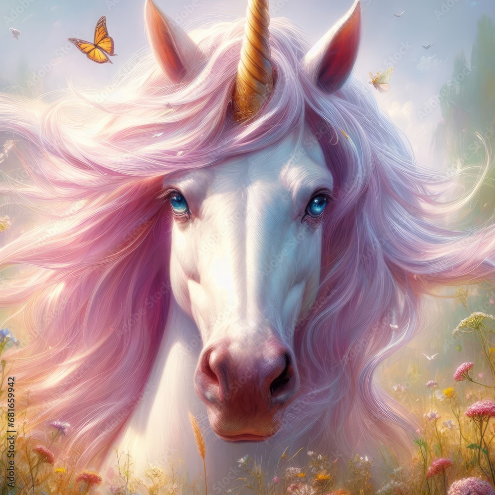 An ethereal unicorn with a flowing pink mane and a golden horn is set against a backdrop of wildflowers and soft, dreamlike light... An ethereal unicorn with a flowing pink mane and a golden horn is set against a backdrop of wildflowers and soft, dreamlike light...
