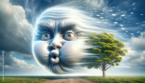 A surreal representation of the wind with a human-like face blowing over a landscape, where a lone tree stands under a dynamic sky... photo