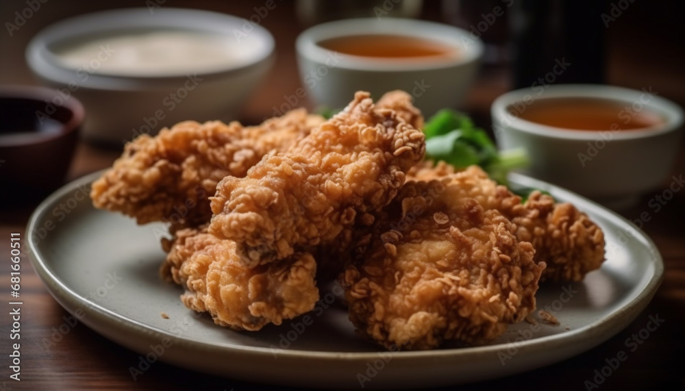 Deep fried buffalo chicken wings with savory sauce and vegetables generated by AI Deep fried buffalo chicken wings with savory sauce and vegetables generated by AI