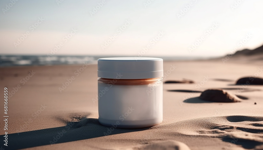 Clear sky, bright sun, coastline beauty, focus on suntan lotion generated by AI