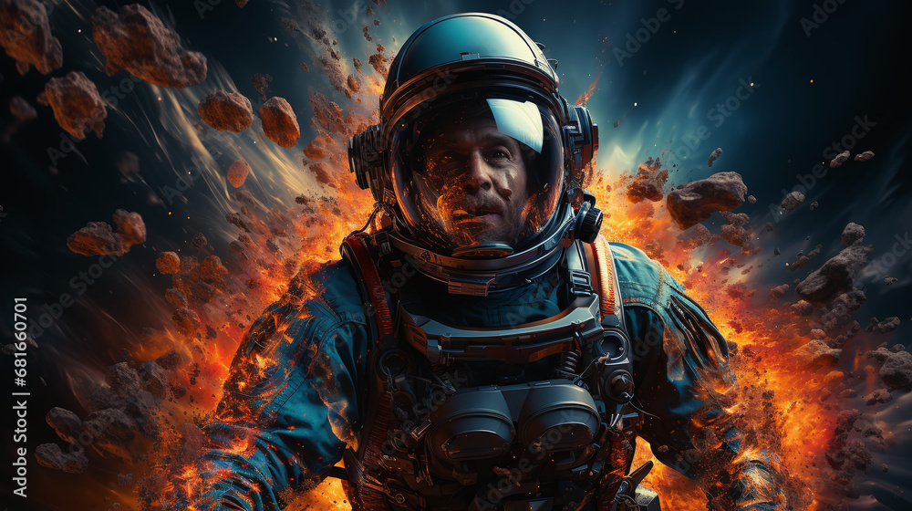 Spaceman in the galactic abyss, suspended in celestial wonder. Spaceman in the galactic abyss, suspended in celestial wonder.