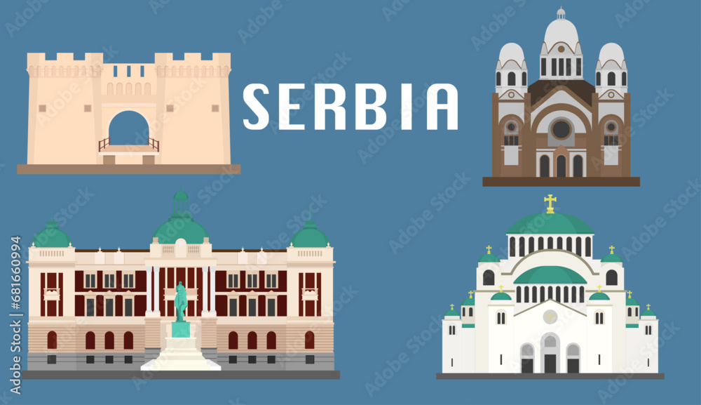 Landmarks of Serbia, important tourist attractions, symbols of the city and country. ,vector illustration.