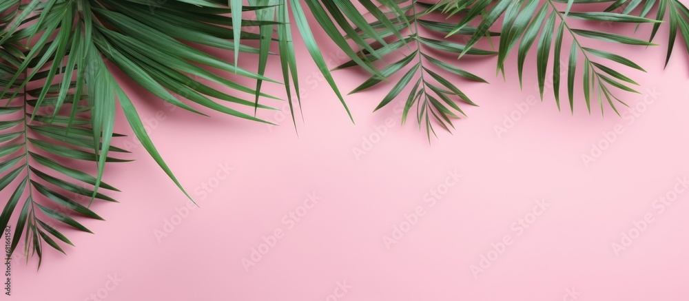 Palm green leaf copy space pink background. AI generated