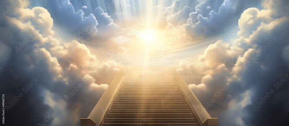 Panoramic Stairway and heavenly light through the white clouds background. AI generated image