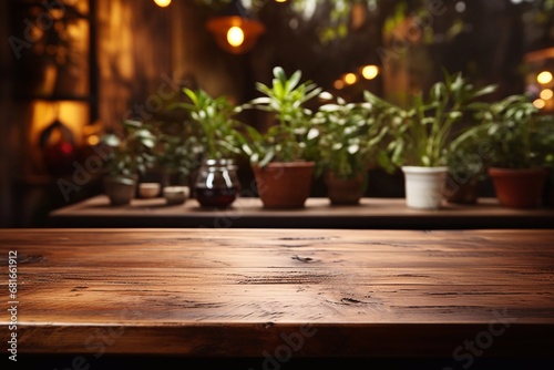 Wooden table on blurred kitchen bench background. Empty wooden table and blurred kitchen background. AI