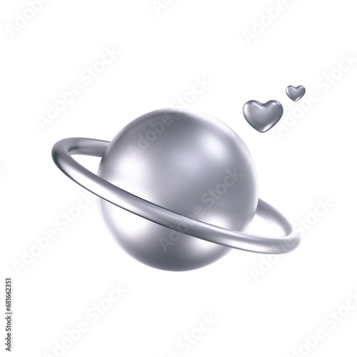 3d chrome galaxy planet icon with hearts in y2k style isolated on white background. Render of 3d silver metal planet emoji with shiny gradient effect. 3d vector y2k illustration