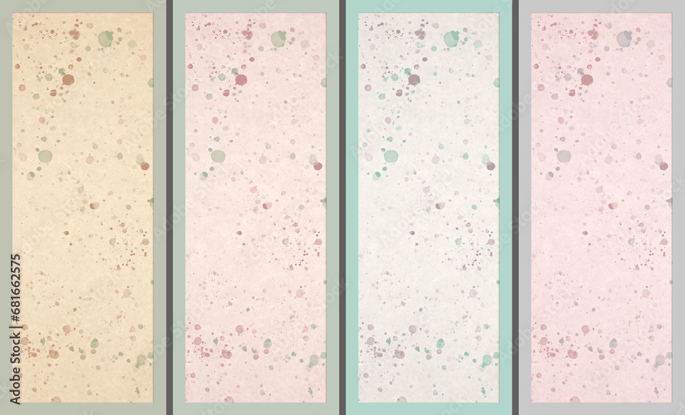 Set of abstract backgrounds in pastel colors with paint drops. Backgrounds for bookmark design or cell phone wallpaper with copy space.