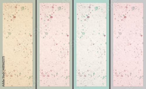 Set of abstract backgrounds in pastel colors with paint drops. Backgrounds for bookmark design or cell phone wallpaper with copy space.
