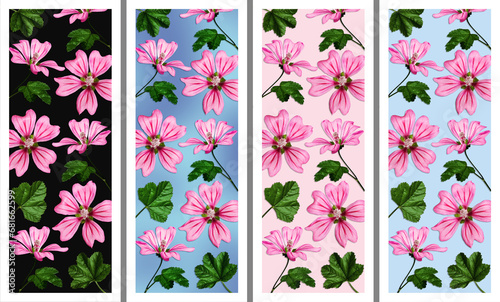 Set of bright floral backgrounds for bookmark design or cell phone wallpaper. Five different brightly colored backgrounds with pink mallow flowers.