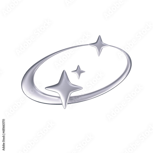 3d chrome falling or flying star in y2k futuristic style isolated on white background. Render 3d cyber chrome galaxy shooting star emoji with blings and sparks. 3d vector y2k illustration.