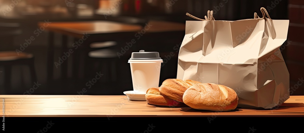 In a cozy bakery cafe, a black canvas bag holds a white paper filled with freshly baked bread, buns, and pastries, accompanied by a steaming cup of coffee, creating the perfect breakfast to start the In a cozy bakery cafe, a black canvas bag holds a white paper filled with freshly baked bread, buns, and pastries, accompanied by a steaming cup of coffee, creating the perfect breakfast to start the