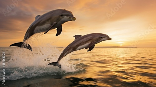A pair of dolphins jumping in unison  creating ripples in the ocean.