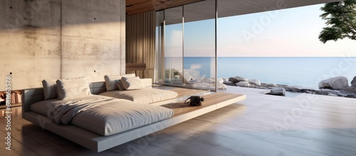 Minimalist living room with views of the blue sea outside. AI generated image © is