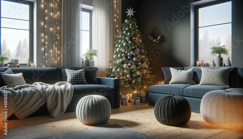 Realistic depictions of a Scandinavian-style living room decorated for Christmas  featuring two knitted poufs near a dark blue corner sofa. 