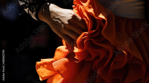 A flamenco dancer clapping her hands at the Sitges Carnival, her dress a cascade of bright ruffles