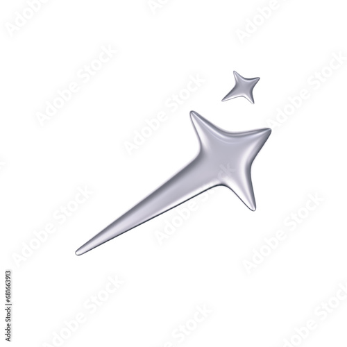 3d chrome falling or flying star in y2k futuristic style isolated on white background. Render 3d silver metal galaxy shooting star emoji with blings and sparks. 3d vector y2k illustration