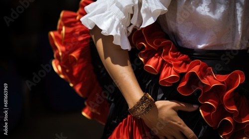 A flamenco dancer clapping her hands at the Sitges Carnival, her dress a cascade of bright ruffles photo