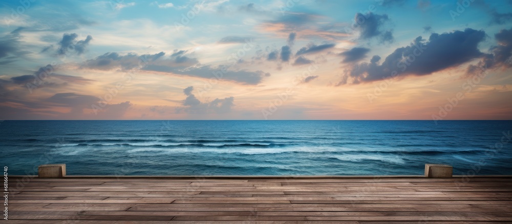 Beautiful landscape view blue sea from wooden pier on the beach. AI generated image