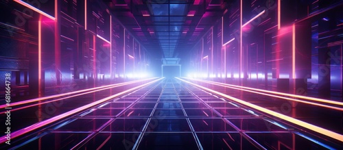 Futuristic corridor light Neon Tunnel Fluorescent ultraviolet glowing lights background. AI generated