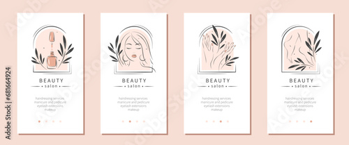 Beauty salon. Hairdressing services, manicure and pedicure, eyelash extensions, makeup. Vector illustrations