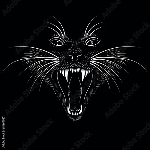 Cat vector art illustration T-shirt apparel tattoo design or outwear.  Cute print style kitten background. This hand drawing would be nice to make on the black fabric or canvas.