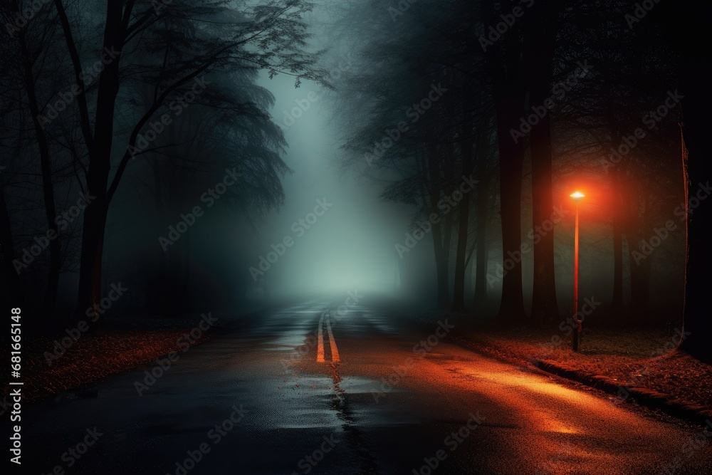 foggy misty dark road with lights shining on the street in the middle of a forest 