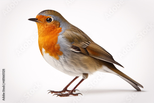 A solitary Robin (Erithacus rubecula) stands against a white background.