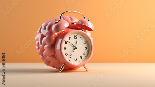 brain shaped pink color alarm clock on a table, copy space photo