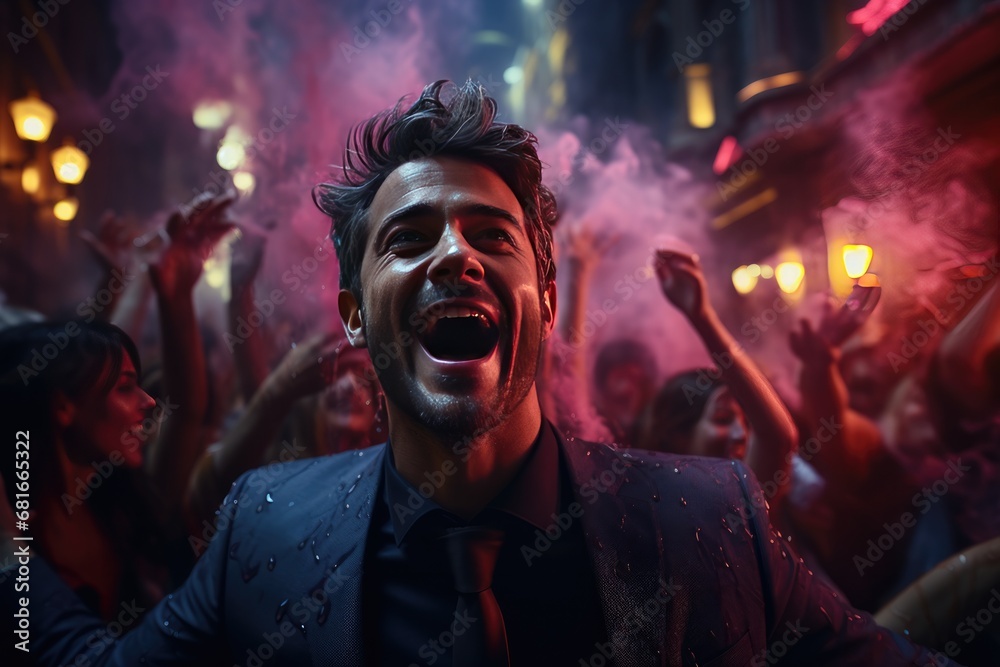 Vibrant crowd, dancing under neon lights, radiates joy. nightlife and entertainment concept
