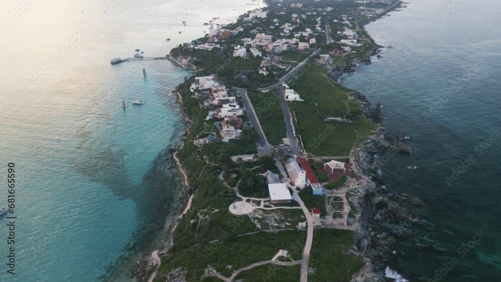 aerial island Isla mujeres Cancun beach resort at sunset Caribbean Sea 