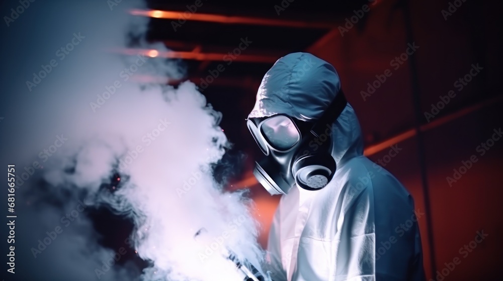 Gardener carefully sprays strong pesticide to manage annoying insect population in grassy garden. Man in special protective clothes cautiously applies pesticide to control insect population in garden Gardener carefully sprays strong pesticide to manage annoying insect population in grassy garden. Man in special protective clothes cautiously applies pesticide to control insect population in garden
