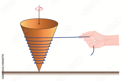 Spinning wood. Pulling the rope. Torque applied to the top. Angular momentum. Physics kinetic energy. Physics, chemistry, mathematics, geometry.