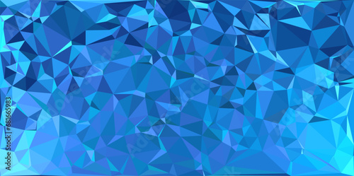 Triangle poly prism background with glowing illuminating light in blue winter tone color mosaic style pattern. Frost polygon geometrical wallpaper.